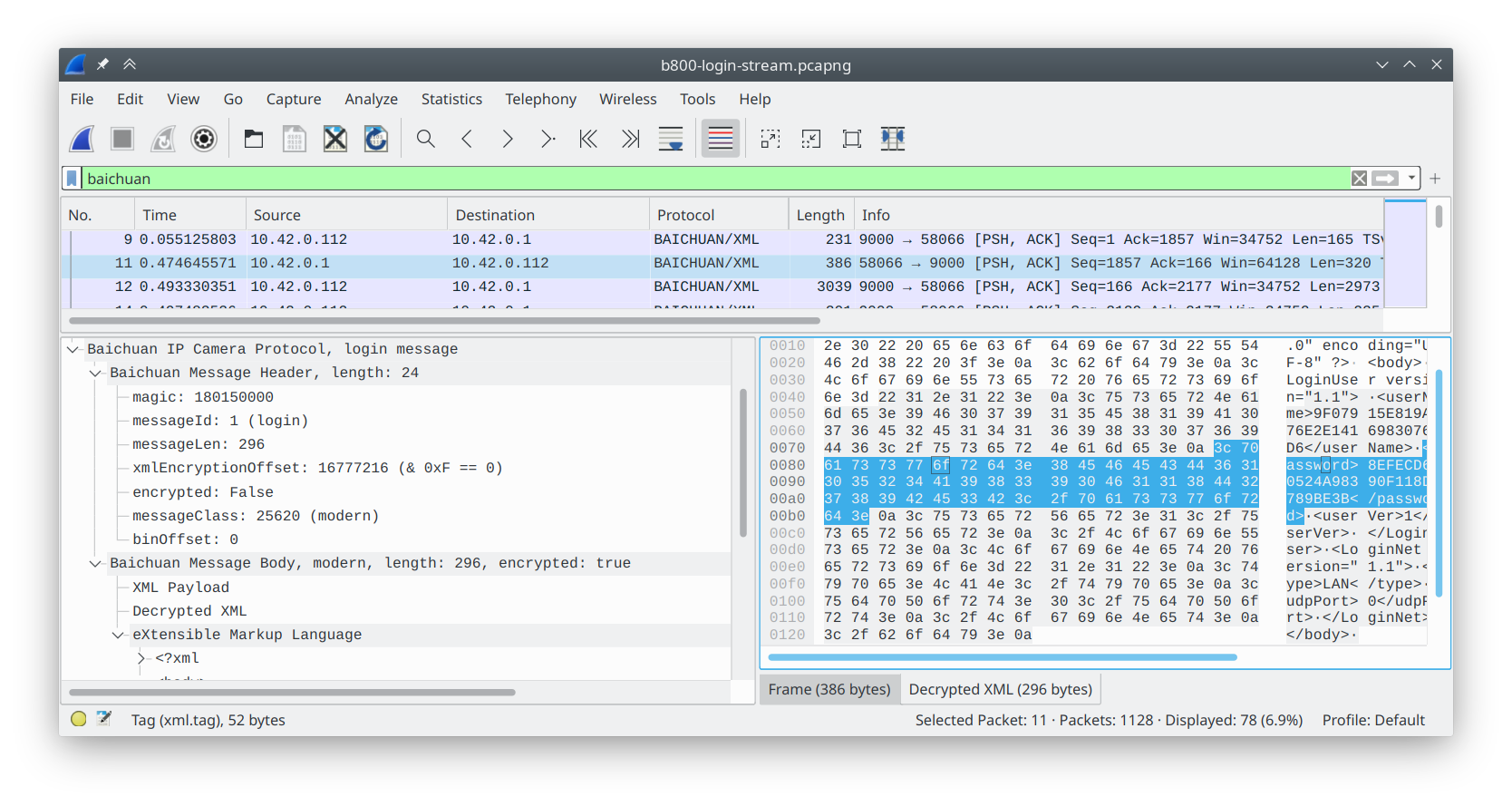 The decrypted login message in Wireshark